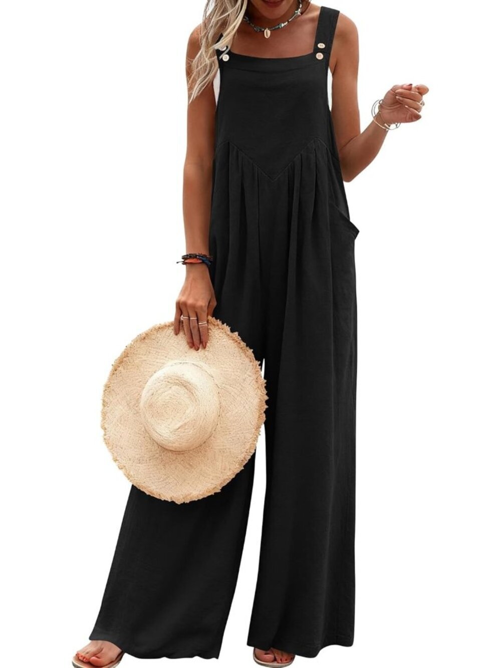 Women's Boho Floral Black Loose Wide Leg Jumpsuits Baggy Rompers with Pockets